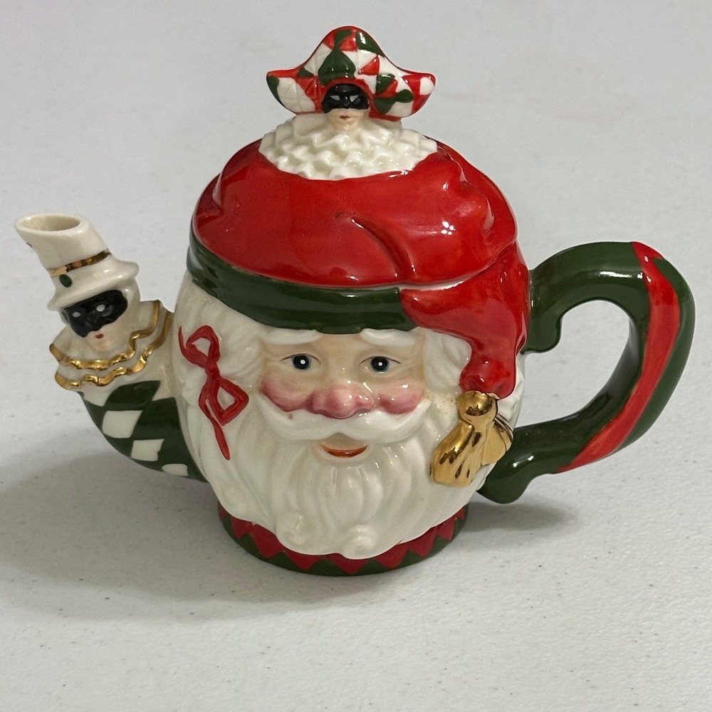 Ciao Claus Santa Harlequin Tea Set Ceramic Teapot & Cup Christmas Seasonal Decor - Picture 3 of 10